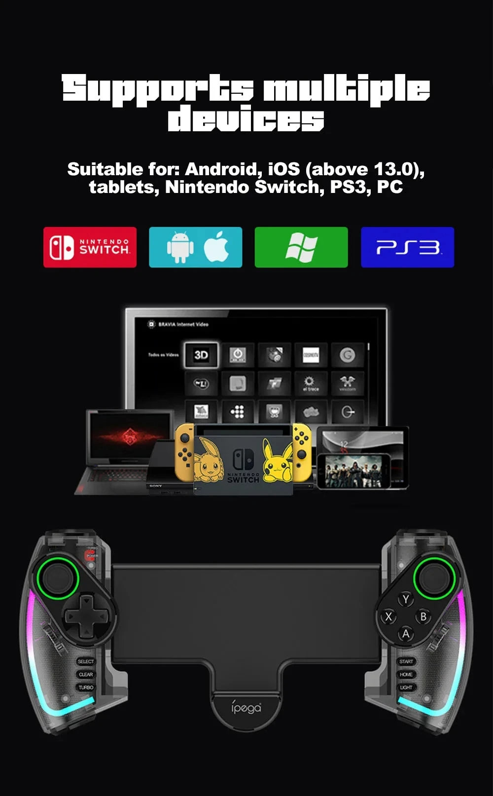 Gamepad Bluetooth Ipega PG-9777S para Nintendo Switch, Android, iOS, iPad, PC con luz RGB, vibración lineal, controlador extensible 